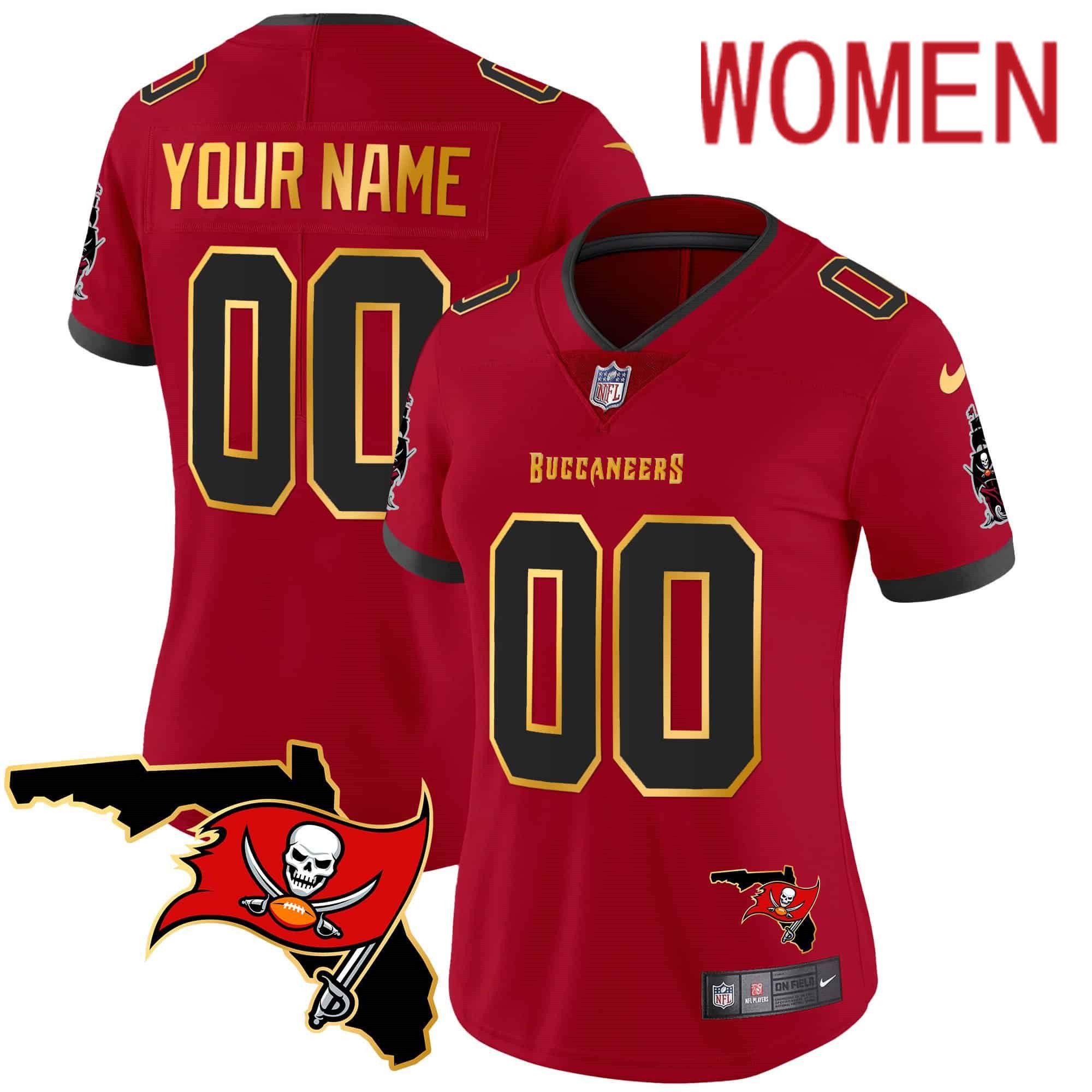 Women Tampa Bay Buccaneers Red 2024 Nike Florida Patch Gold Trim Vapor Custom NFL Jersey style 1